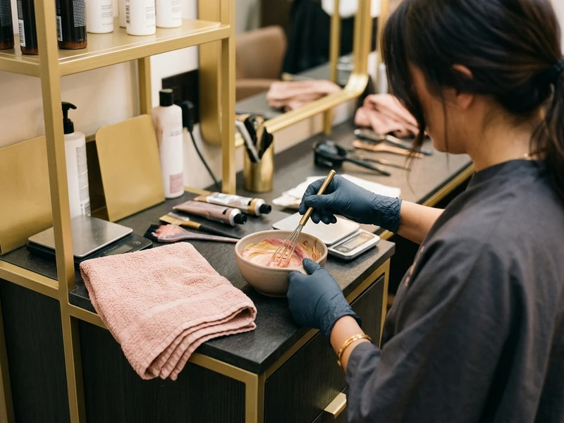 Colour specialist mixing a bespoke shade at Lumé Hair & Beauty
